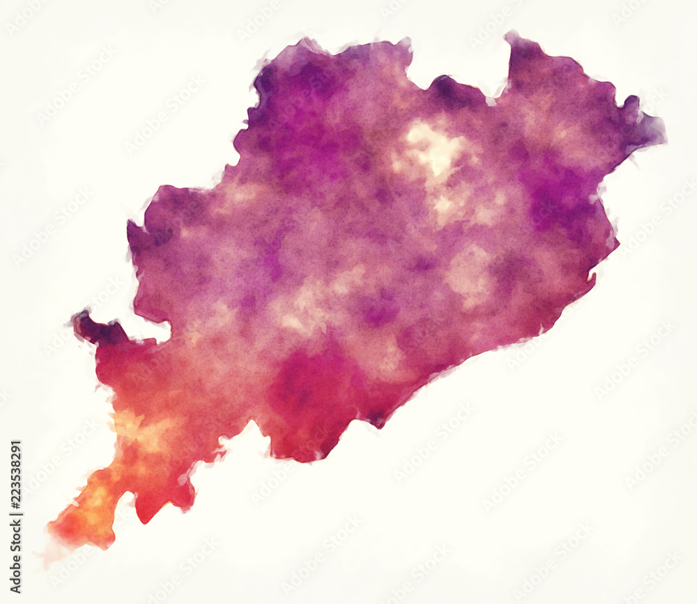 Odisha federal state watercolor map of India in front of a white background Odisha federal state watercolor map of India in front of a white background