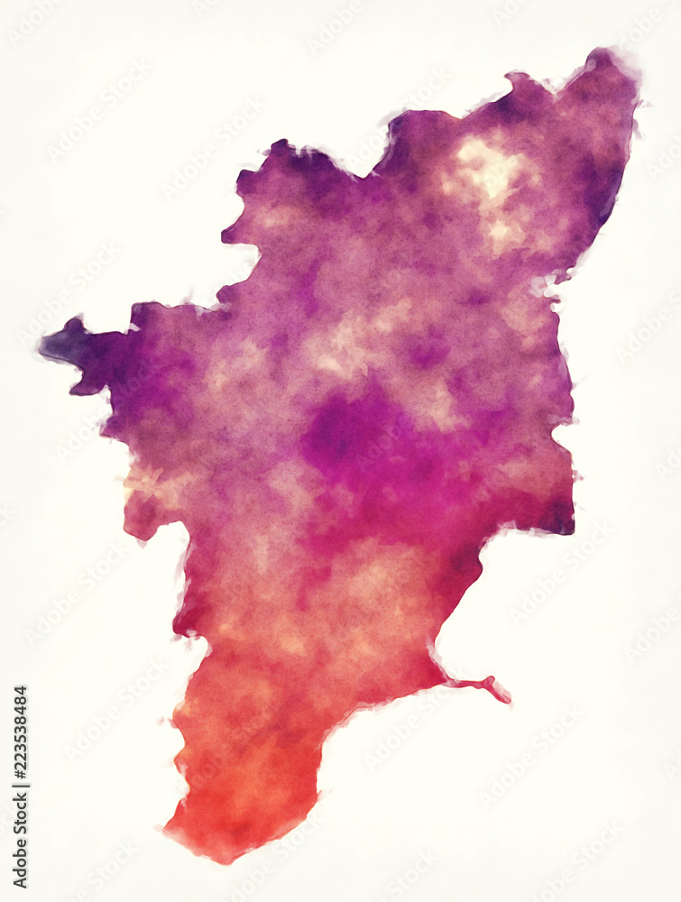 Tamil Nadu federal state watercolor map of India in front of a white background Tamil Nadu federal state watercolor map of India in front of a white background