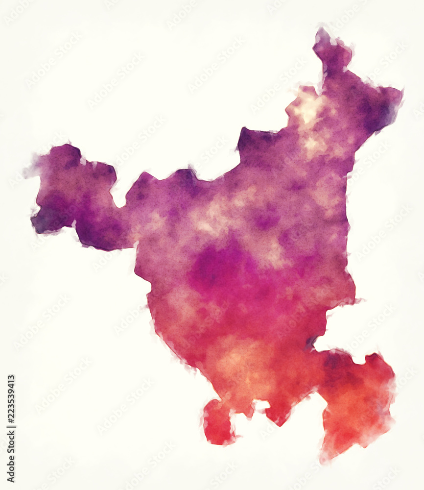 Haryana federal state watercolor map of India in front of a white background