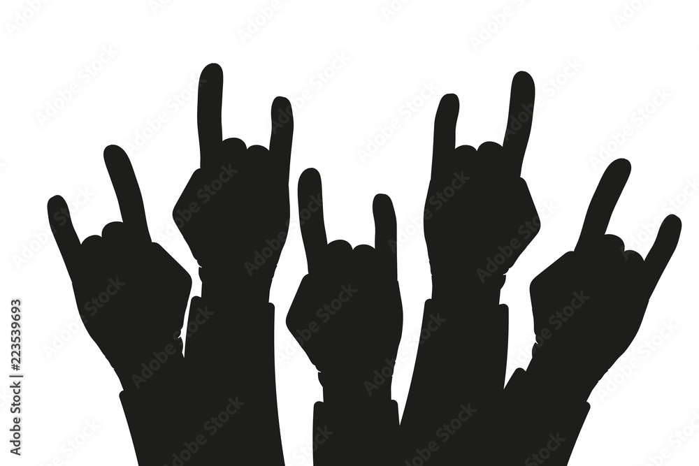 Party crowd raised rock hands silhouettes at a concert - concept of a rock background Vector illustration