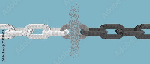 Broken voxel chain. Blockchain concept. 3d Vector illustration