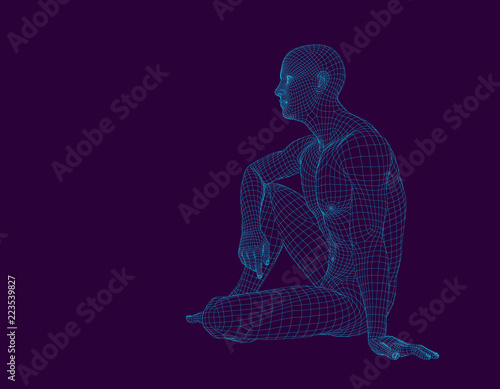 Man sitting on the ground. Wireframe human body. Vector illustration.