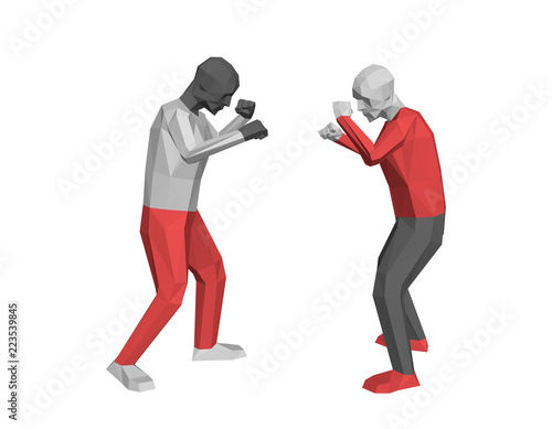 Low poly men fighting. Isolated on white background. Vector illustration.