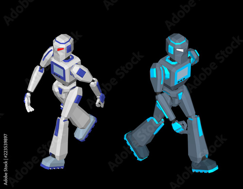 Robot character walking. Isolated on black background. 3d Vector illustration.