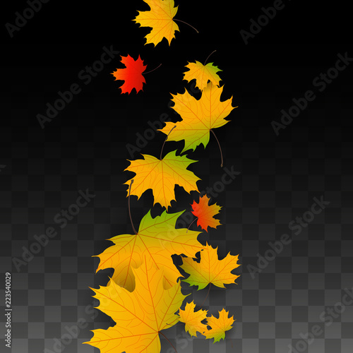 September Vector Background with Golden Falling Leaves. Autumn Illustration with Maple Red, Orange, Yellow Foliage. Isolated Leaf on Transparent Background. Bright Swirl. Suitable for Posters.