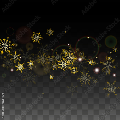 Christmas  Vector Background with Gold Falling Snowflakes Isolated on Transparent Background. Realistic Snow Sparkle Pattern. Snowfall Overlay Print. Winter Sky. Design for Party Invitation.