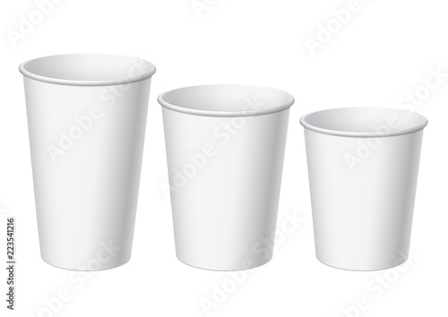 Realistic White Disposable small, big and middle Paper Cups.