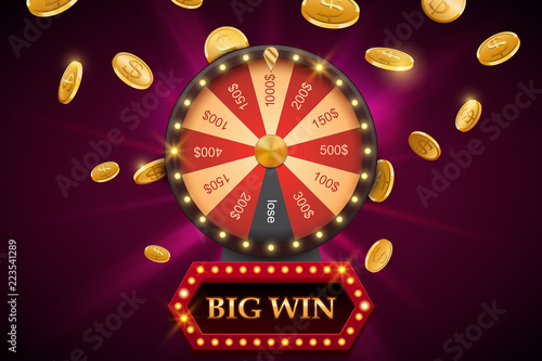 Wheel of fortune with big win banner, bright casino background with falling coins, vector illustration