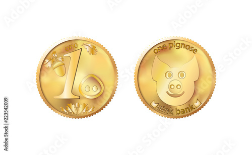 Golden coin one pig nose. Heads and tails for decoration and design. New year 2019 oink bank with the image piglet. Vector illustration in concept of save money or open a bank deposit