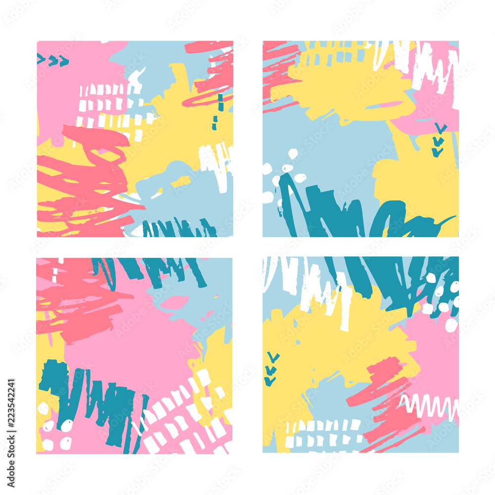 Obraz premium Vector illustration, set of hand drawn abstract backgrounds with paint blots, spots, dots and lines with space for text.