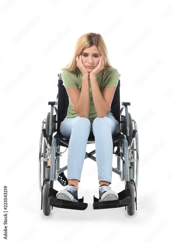 Depressed woman in wheelchair on white background Depressed woman in wheelchair on white background