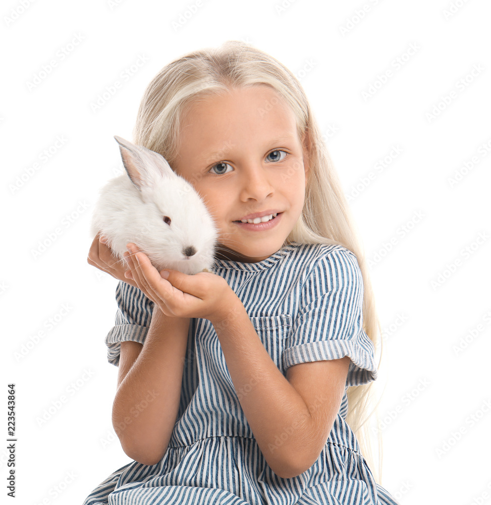 Little girl with cute rabbit on white background Little girl with cute rabbit on white background
