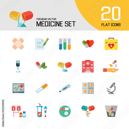 Medicine icon set. Capsule, pill, syringe, scalpel, microscope. Medication concept. Can be used for topics like medical help, lad research, test, emergency