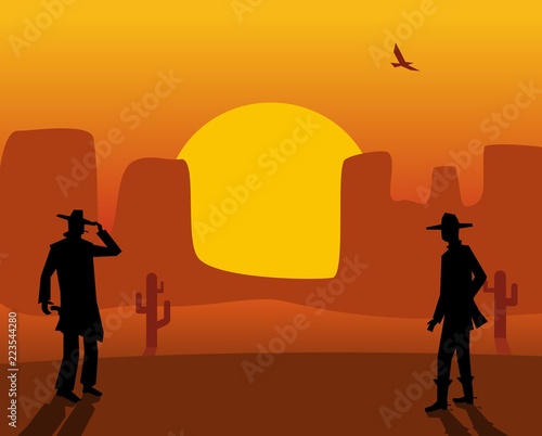 Two gunslingers duel. Desert sunset. Color flat vector illustration.