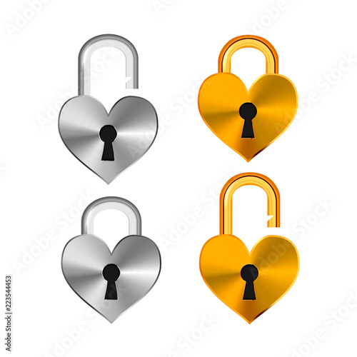 Open and closed realistic padlocks in heart shape made from different metals isolated on white