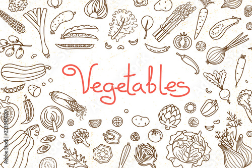 Background with various vegetables and an inscription for menu design, recipes and product packaging. Vector illustration