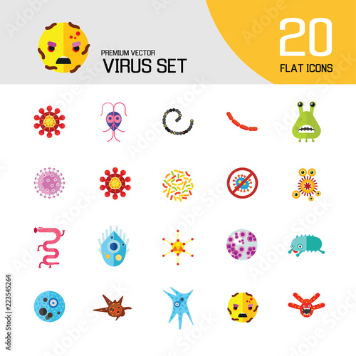 Virus icons set. Thirteen vector icons of influenza virus, coronavirus, adenovirus and other bacteria