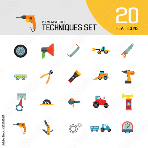 Techniques icons set with woodsawing machine, electric drill and hand saw. Thirteen vector icons photo