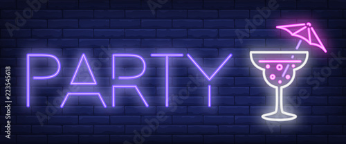 Party neon sign. Cocktail with umbrella on brick wall background. Vector illustration in neon style for announcement, bar, club