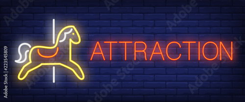 Attraction neon text with carousel horse. Amusement park and advertisement design. Night bright neon sign, colorful billboard, light banner. Vector illustration in neon style.