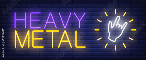 Heavy metal neon text with hand gesture. Music and advertisement design. Night bright neon sign, colorful billboard, light banner. Vector illustration in neon style.