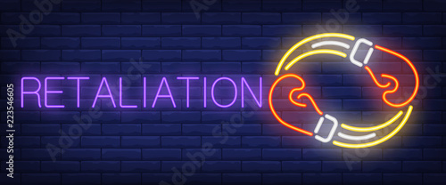 Retaliation neon text with two boxing gloves. Boxing club and advertisement design. Night bright neon sign, colorful billboard, light banner. Vector illustration in neon style.