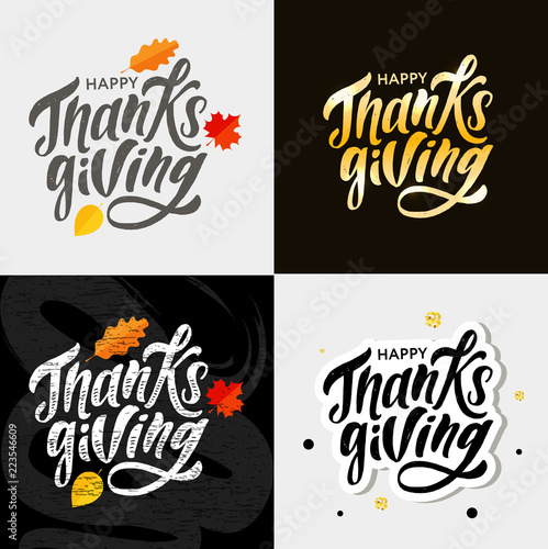 Happy Thanksgiving lettering Calligraphy Brush Text Holiday Vector Sticker Gold Set