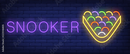 Snooker neon text with balls in triangle. Billiards club and advertisement design. Night bright neon sign, colorful billboard, light banner. Vector illustration in neon style.