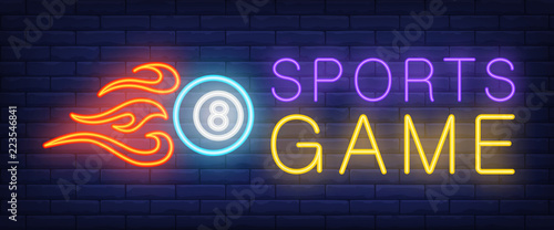 Sports game neon text and ball on fire. Billiards club and advertisement design. Night bright neon sign, colorful billboard, light banner. Vector illustration in neon style.