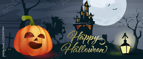 Happy Halloween lettering. Pumpkin, castle, headless horseman, lantern on cemetery. Halloween night background. Vector illustration can be used for posters, flyers, greeting cards, websites
