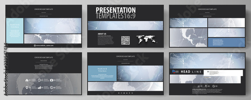 The black colored minimalistic vector illustration of the editable layout of high definition presentation slides design templates. Abstract futuristic network shapes. High tech background.