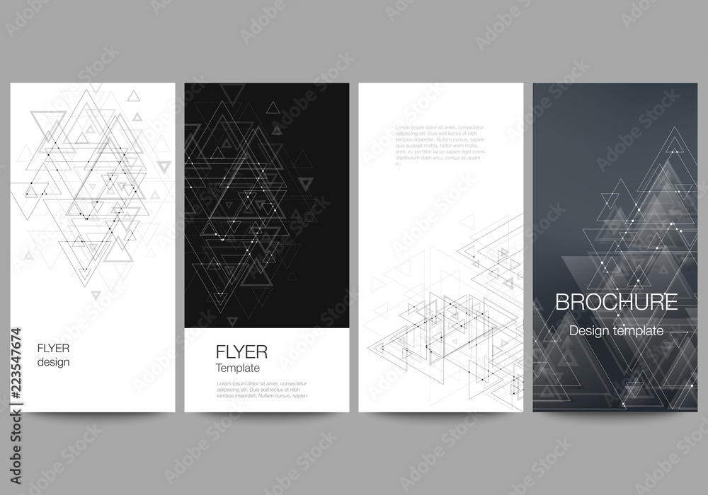 The minimalistic abstract editable vector layout of four modern vertical banners, flyers design business templates. Polygonal background with triangles, connecting dots and lines. Connection structure