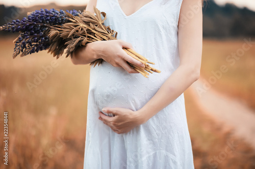 Pregnant woman in nature for a walk in the autumn