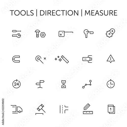 Tools. Direction. Measure. Icons set. Thin lines. Black on white. photo