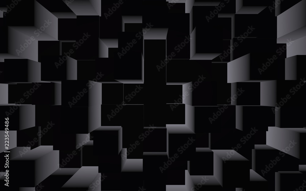 Abstract dark elegant cube geometric background. Chaotically advanced rectangular bars. 3D Rendering, 3D illustration