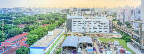 Photography Panorama aerial view construction site near completed HDB complex at Eunos, Singapore