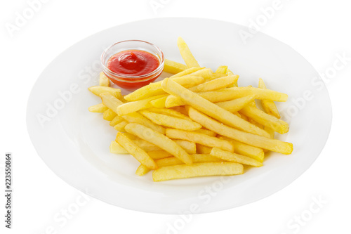 Hot appetizer French fries crispy, golden, deep-fried, fried in oil with tomato sauce, ketchup, before alcohol, food on plate, white isolated background Side view. For the menu, restaurant, bar, cafe