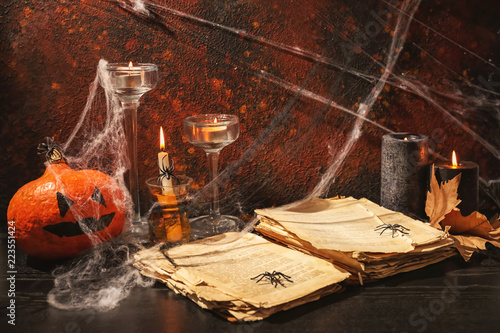 Creative decorations for Halloween party near dark color wall