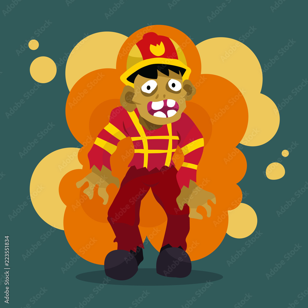 Obraz premium Cartoon fireman zombie, character vector illustration.