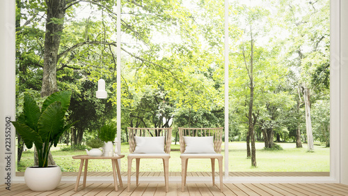 Dining area in coffee shop or restaurant and nature view - Living room in house or apartment on meadow and forest view background - Interior simple design - 3D Rendering