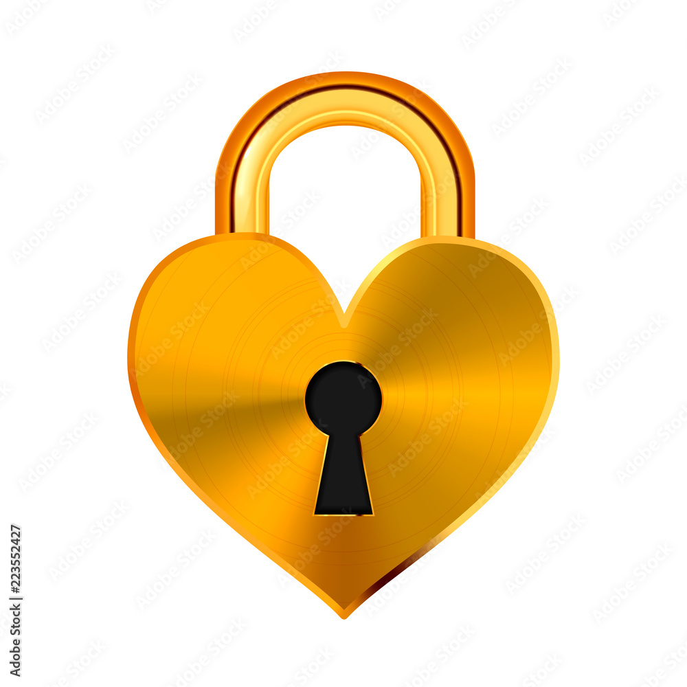 Closed realistic golden padlock in heart shape isolated on white Closed realistic golden padlock in heart shape isolated on white