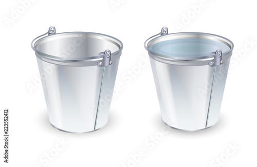 Buckets set. Flat vector illustration. Bucket empty and with water.