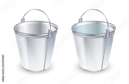 Buckets set. Flat vector illustration. Bucket empty and with water.