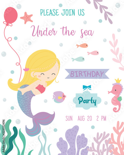 Cute mermaid theme birthday party invitation card vector illustration.