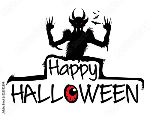Decorative happy halloween text with scary monster silhouette photo