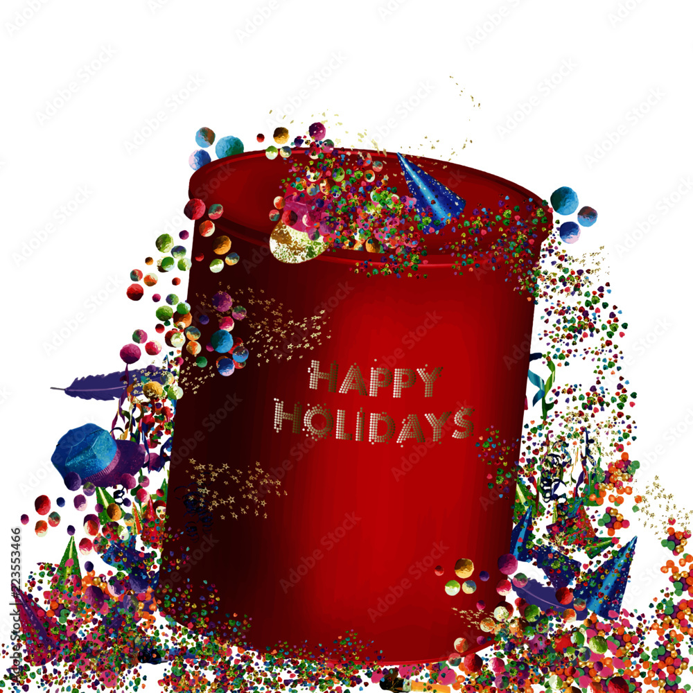 Dessin abstrait d'un coffret cadeau fictif avec cascade de confettis,  cotillons, boules pour de joyeuses fêtes Stock Vector