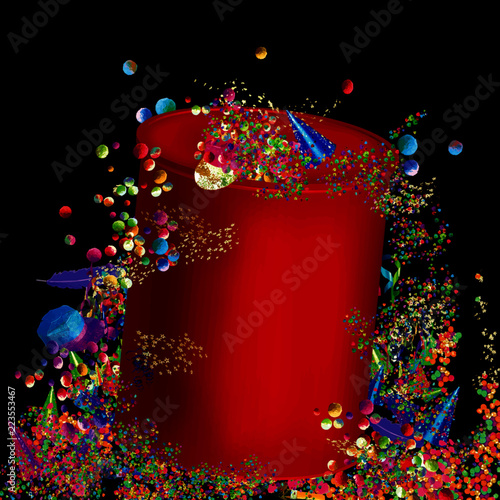 Dessin abstrait d'un coffret cadeau fictif avec cascade de confettis, cotillons, boules pour la fête