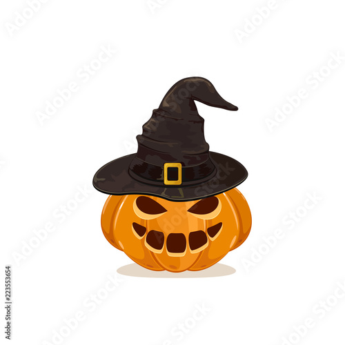 Halloween pumpkin with black witch hat on white background