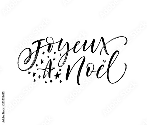 Joyeux Noel card. Hand drawn modern calligraphy. Ink illustration. Happy holidays poster. Banner with hand drawn words. Isolated on white background.