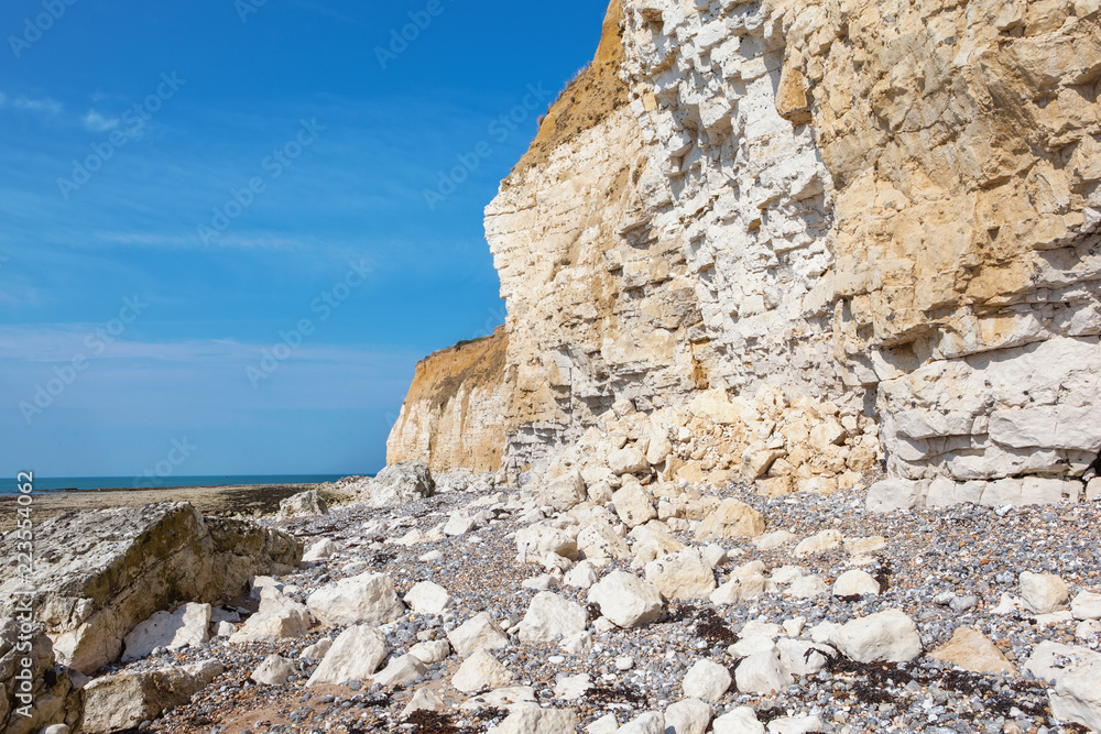 View of the white chalk cliff of Seaford Head, East Sussex, England, part of Seven Sisters National park, low tide, selective focus